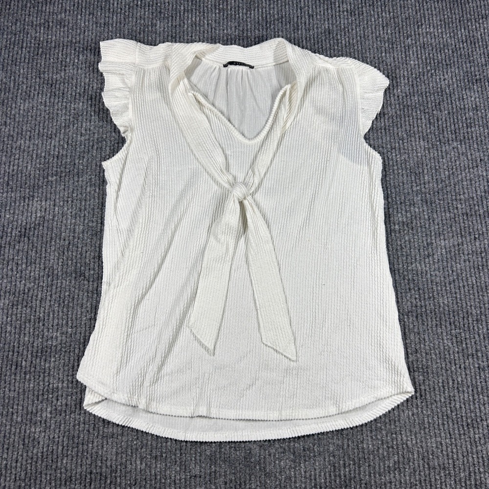 Gyft Blouse Top Womens S White Textured Sleeveless Tie Neck Ruffle Shoulder‎